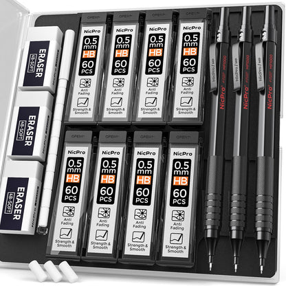 Nicpro 0.5 mm Mechanical Pencils Set with Case, 3 Metal Artist Pencil With 480PCS HB Lead Refills, 3 Erasers,9 Eraser Refills For Architect Art Writing Drafting, Drawing, Engineering, Sketching, Black