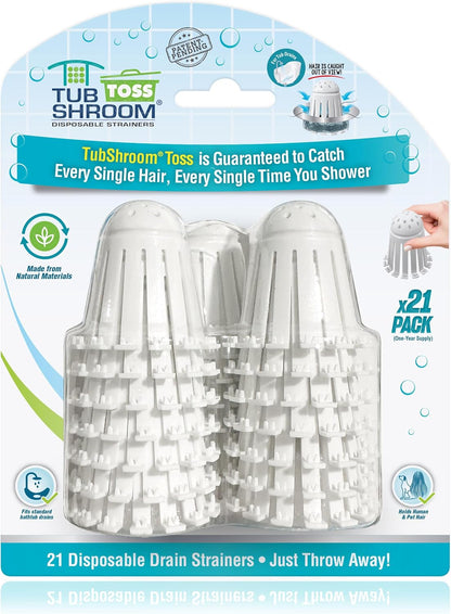 TubShroom_Toss_21pk_Disposable_Bath_Tub_Drain_Strainers_-_Hair_Catcher_Snare_for_Shower_Bathtub_to_Prevent_Clogged_Drains,_Traps_Human_and_Pet_Hair,_One_Year_Supply_(White)