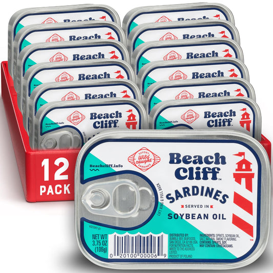 Beach_Cliff_Wild_Caught_Sardines_in_Soybean_Oil,_3.75_oz_Can_(Pack_of_12)_-_13g_Protein_per_Serving_-_Gluten_Free,_Keto_Friendly_-_Great_for_Pasta_&_Seafood_Recipes