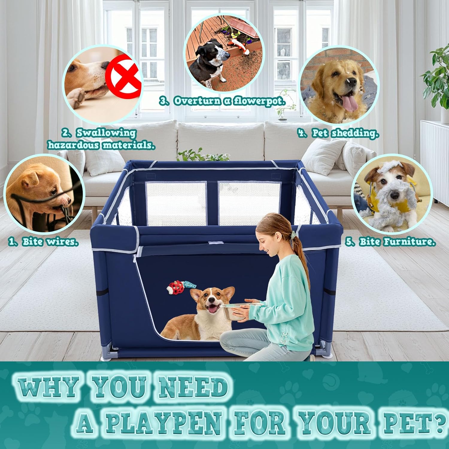 XVISHX_42x42_Inches_Puppy_Playpen_with_Gate,_Dog_Playpen_for_Puppies_or_Small_Dogs,_DogFence_Pet_Playpen_for_Indoor_&_Outdoor,_Sturdy_Safety_DogPen_with_Thickened_Fabric,_High-Strength_Nylon_Wire_Mesh
