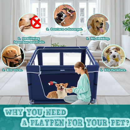 XVISHX_42x42_Inches_Puppy_Playpen_with_Gate,_Dog_Playpen_for_Puppies_or_Small_Dogs,_DogFence_Pet_Playpen_for_Indoor_&_Outdoor,_Sturdy_Safety_DogPen_with_Thickened_Fabric,_High-Strength_Nylon_Wire_Mesh