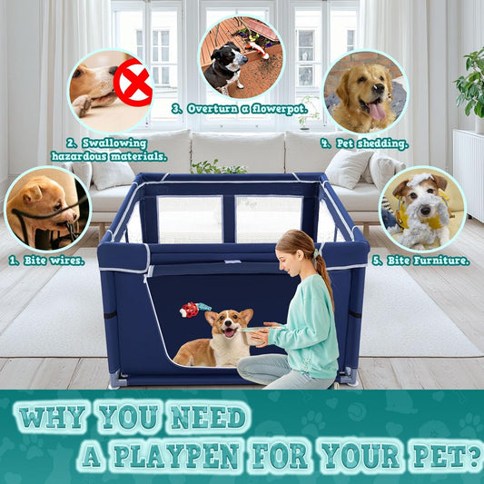 XVISHX_42x42_Inches_Puppy_Playpen_with_Gate,_Dog_Playpen_for_Puppies_or_Small_Dogs,_DogFence_Pet_Playpen_for_Indoor_&_Outdoor,_Sturdy_Safety_DogPen_with_Thickened_Fabric,_High-Strength_Nylon_Wire_Mesh