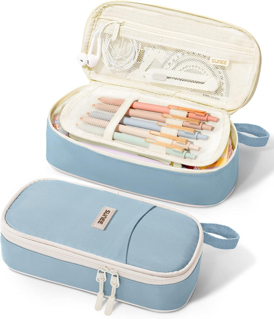 SUNEE_Cute_Pencil_Case,_Aesthetic_Pen_Pouch,_Colored_Large_Pencil_Bag_with_Zipper,_Kawaii_Stationery_Storage_and_Organizer,_School_Supplies_for_Teen_and_Adult_Girls,_Blue