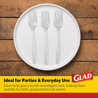 Glad_Clear_Heavy_Duty_Plastic_Forks,_Reduced-Plastic_Open_Handle,_Break-Resistant_Disposable_or_Top-Rack_Reusable_Cutlery_for_Parties,_Camping_&_Everyday_Meals,_Standard_Size,_70_Count