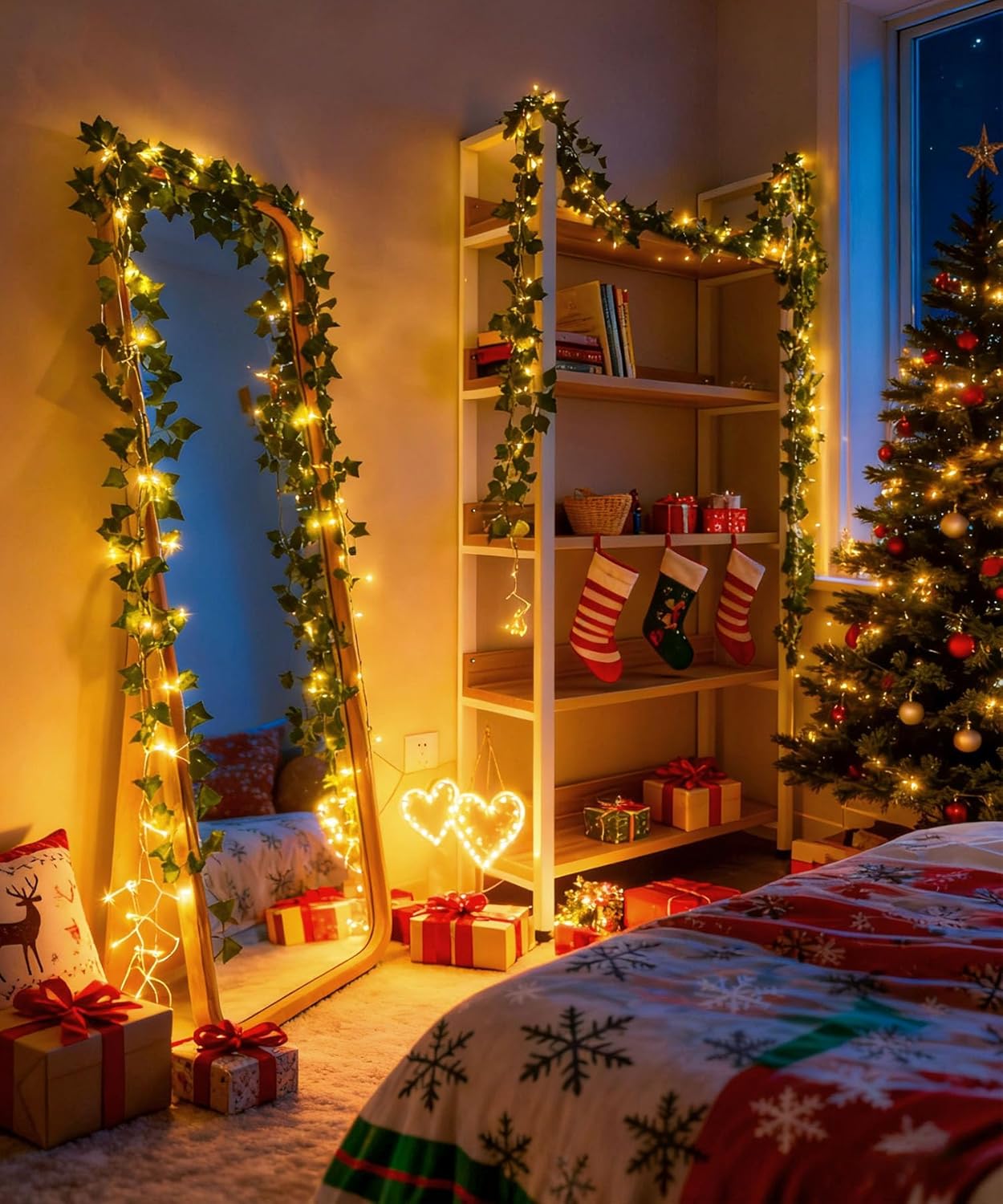 KASZOO_84Ft_12_Pack_Artificial_Ivy_Garland_Fake_Plants,_Vine_Hanging_Garland_with_CE_Certified_80_LED_String_Light,_Hanging_for_Home_Bedroom_Garden_Party_Wedding_Wall_Room_Decor,_Green