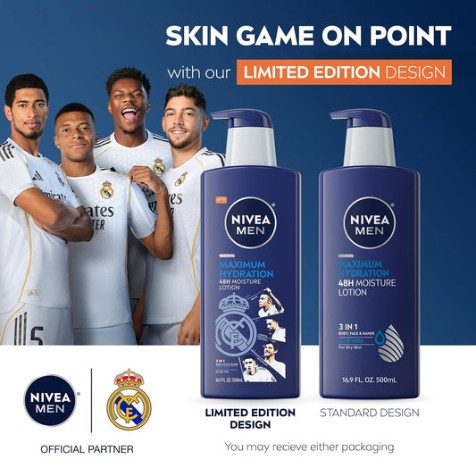 NIVEA_MEN_Real_Madrid_Limited_Edition_Design_Maximum_Hydration_48-Hour_Moisture_Body_Lotion_for_Dry_Skin,_Aloe_Vera_Lotion_for_Men,_3-in-1_Body,_Face_and_Hands,_16.9_Fl_Oz_Bottle