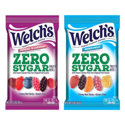 Welch’s Zero Sugar Fruity Bites, Great zero sugar snacks for the office, Mixed Fruit &amp;amp; Berries &amp;#39;N Cherries, 3 oz (Pack of 2)