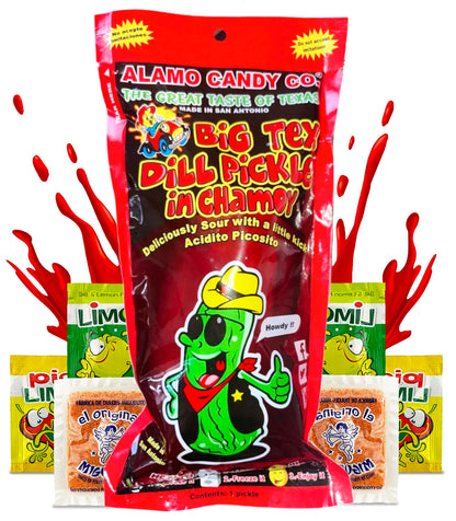 Alamo Candy Chamoy Pickles Single Pickle Bag, includes lime and chili powder, make your own chamoy pickle kit, tiktok trendy treats by Mexgrim