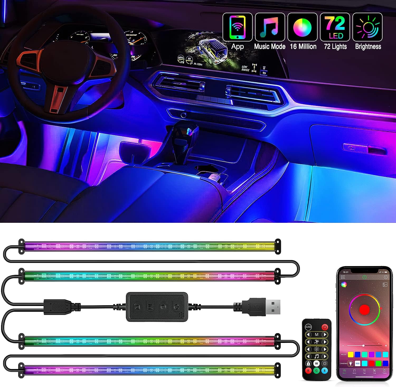 Nilight_72_LED_USB_Interior_Strip_Lights_Dream_Color_RGB-IC_12V_DC_with_App_RF_Remote_Control_Multicolor_Footwell_Under_Dash_Chasing_Inside_Light_Kits_2_Lines_Music_Sync_Mode_for_Cars_Truck_ATV_UTV