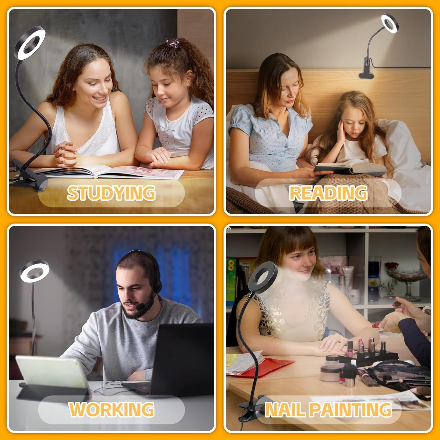 Foneso_Desk_Lamp_Clip_on_Light,_48_LED_USB_Lamp_with_3_Color_Modes_10_Brightness_Levels,_360°_Flexible_Gooseneck_Eye_Protection_Bed_Night_Light_for_Reading,_Makeup,_Craft_(Black)