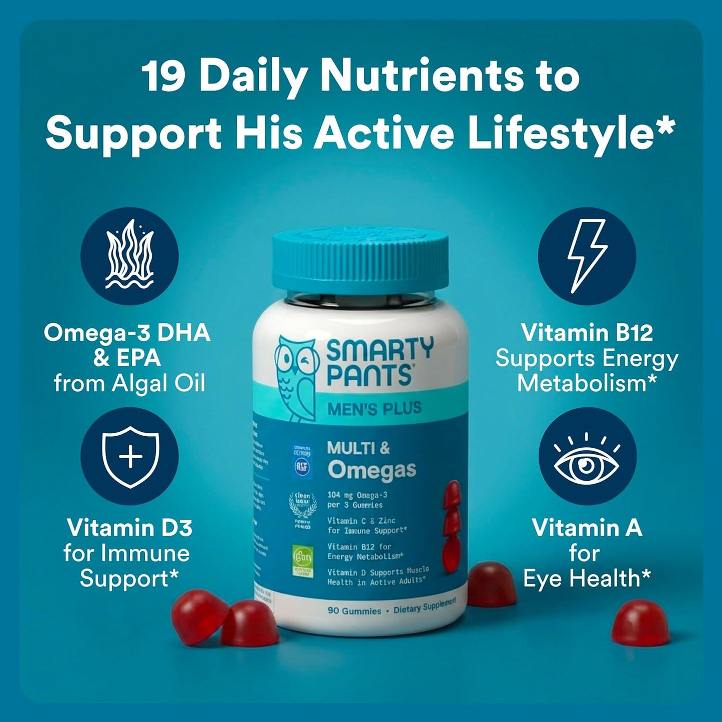 SmartyPants_Men's_Multivitamin_Gummies_with_Omega_3_DHA/EPA,_Methylfolate,_Vitamin_D3,_C,_B12,_B6,_A,_K,_Zinc,_Raspberry_Lemonade_Flavor,_90_Count_(30_Day_Supply)