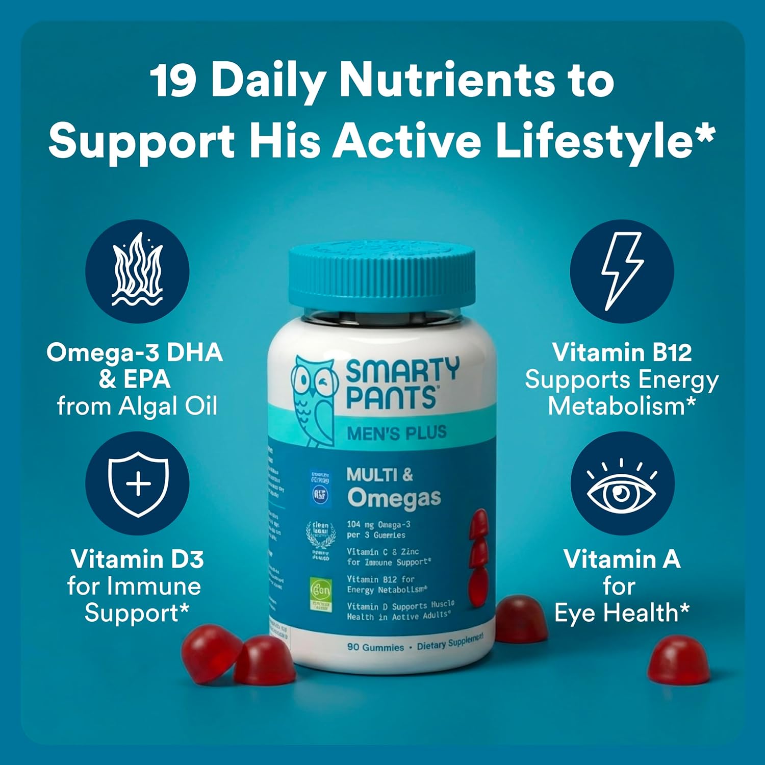 SmartyPants_Men's_Multivitamin_Gummies_with_Omega_3_DHA/EPA,_Methylfolate,_Vitamin_D3,_C,_B12,_B6,_A,_K,_Zinc,_Raspberry_Lemonade_Flavor,_90_Count_(30_Day_Supply)