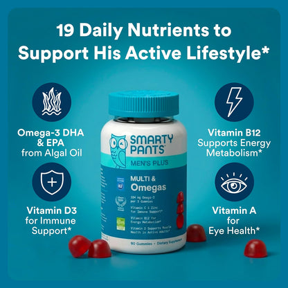 SmartyPants_Men's_Multivitamin_Gummies_with_Omega_3_DHA/EPA,_Methylfolate,_Vitamin_D3,_C,_B12,_B6,_A,_K,_Zinc,_Raspberry_Lemonade_Flavor,_90_Count_(30_Day_Supply)