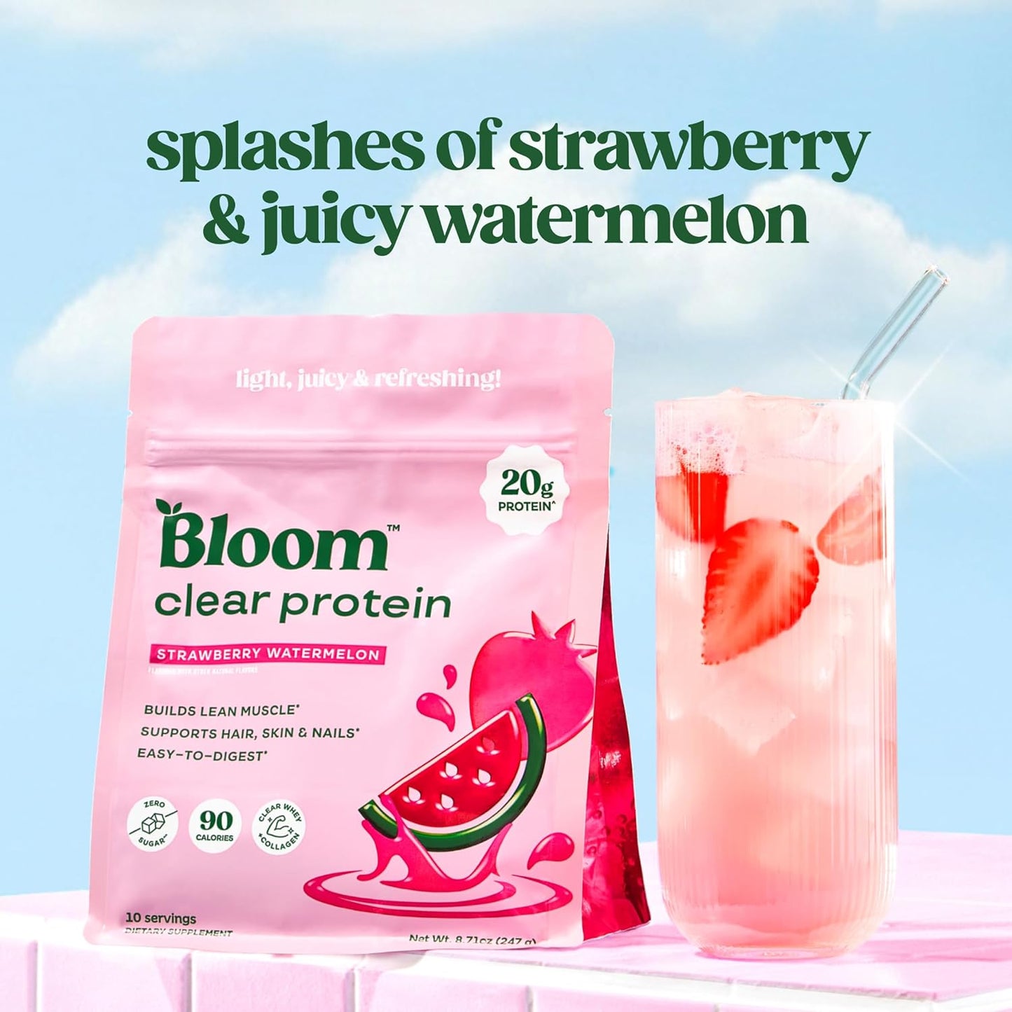 Bloom_Clear_Protein,_Whey_Protein_Isolate_with_Collagen_Peptides_and_Digestive_Enzymes,_20g_Protein,_Sugar_Free_Post_Workout_Drink_Mix,_90_Calories,_Strawberry_Watermelon,_10_Servings