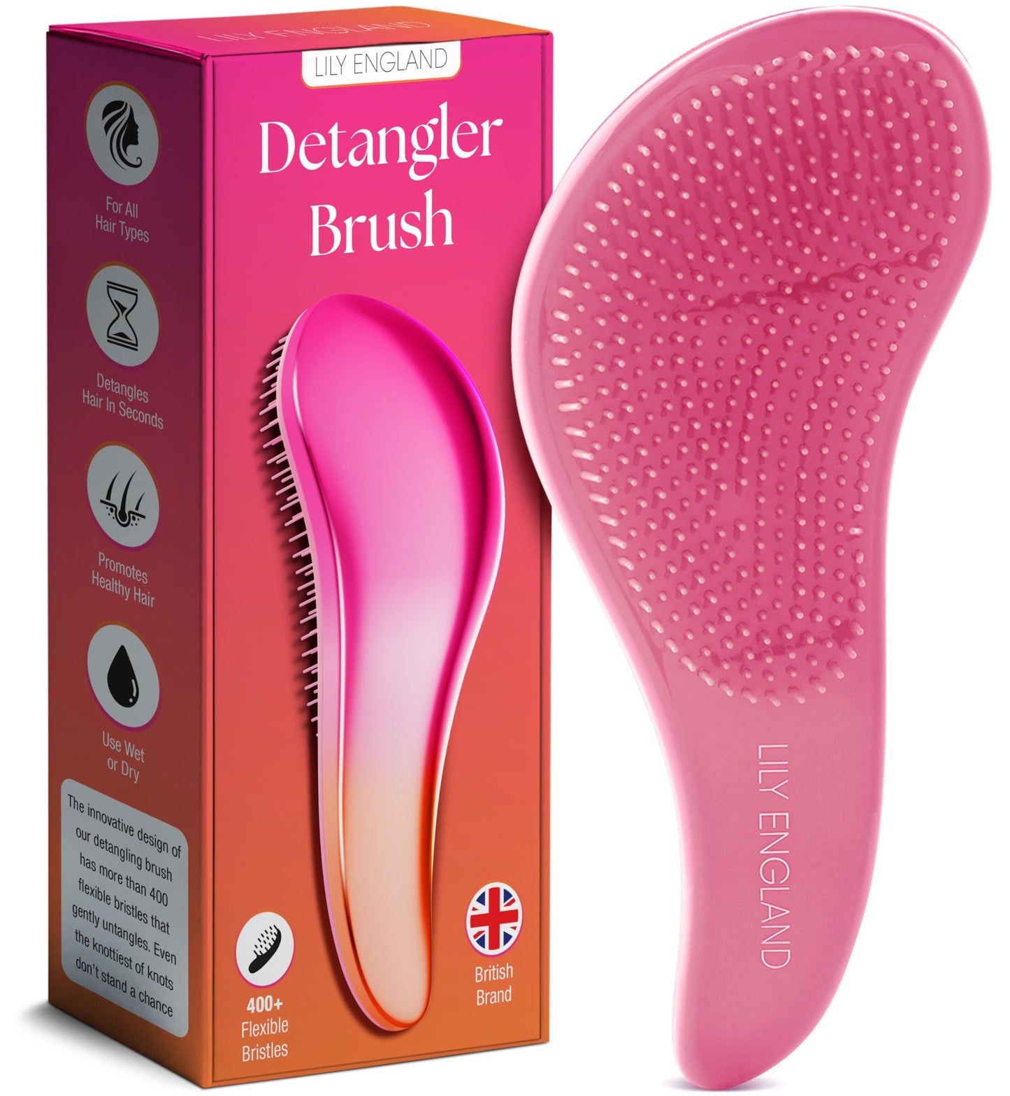 Lily England Detangler Hair Brush for Curly, Thick, Straight &amp;amp; Natural Hair - Gentle Detangling Brush for Women, Kids &amp;amp; Toddlers with Flexible Bristles - Smooth Hairbrush for Wet &amp;amp; Dry Hair, Pink