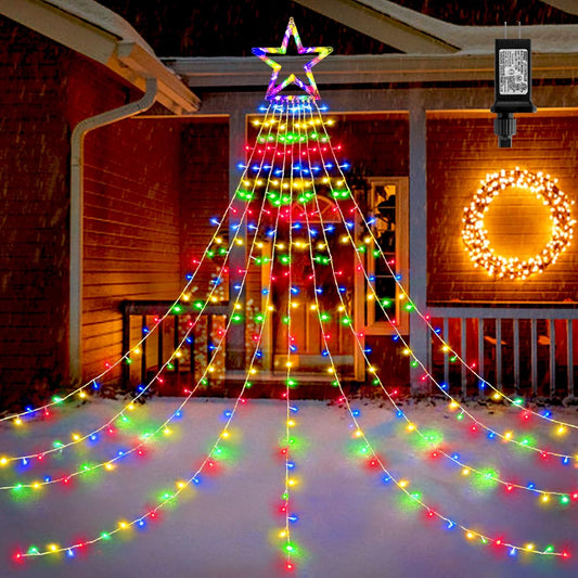 BlcTec_Outdoor_Christmas_Decorations_317_LEDs_Christmas_Lights_with_9_Strands_11.9ft_Waterfall_Christmas_Tree_Lights,_8_Modes,_Waterproof,_Topper_Star_&_Timer_for_Yard_Patio_Xmas_Decor,_Multicolor