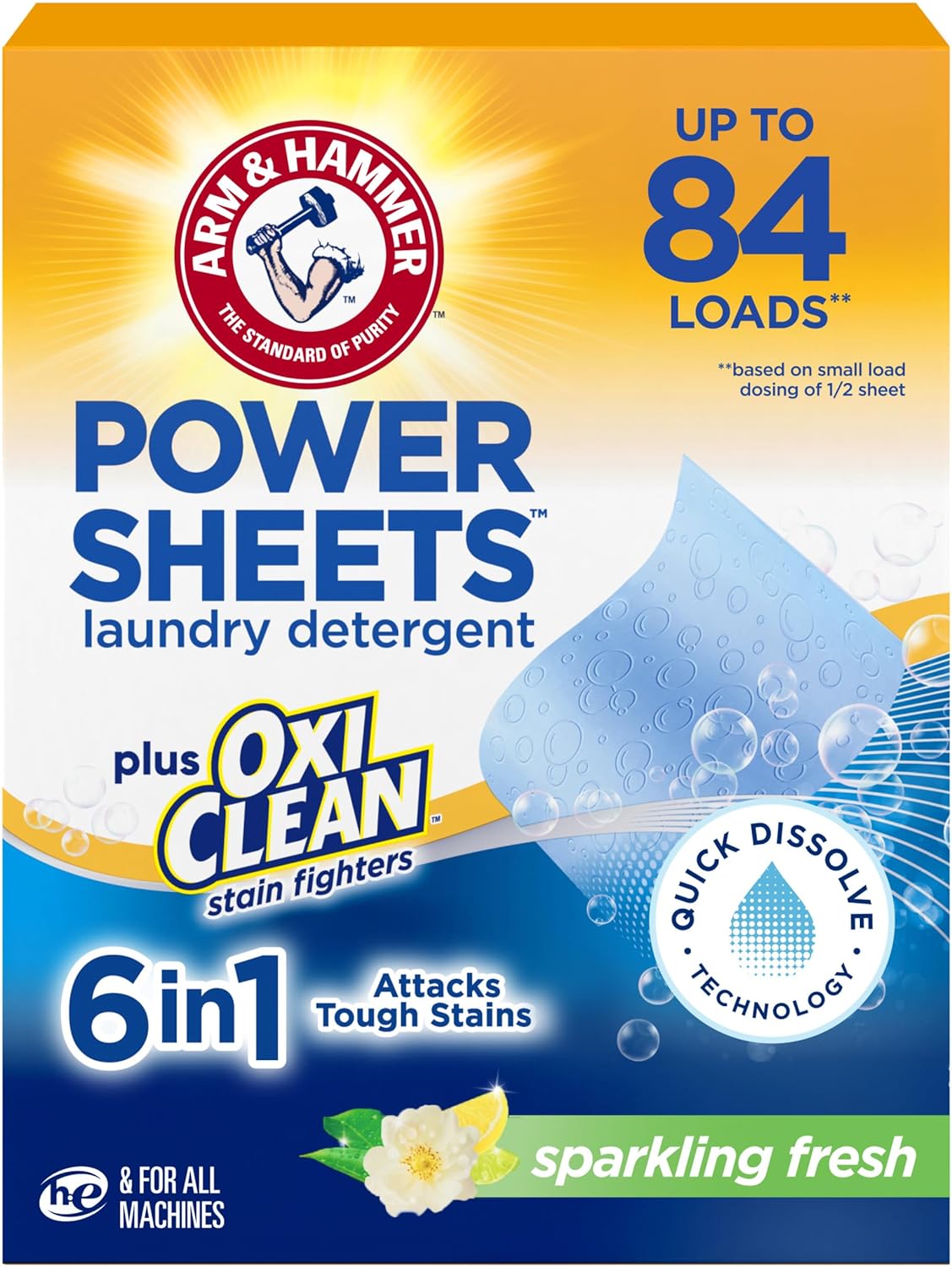 ARM_&_HAMMER_Power_Sheets_Laundry_Detergent_Plus_OxiClean_Stain_Fighters,_6in1,_Sparkling_Fresh_Scent,_42_Count,_84_Medium_Loads
