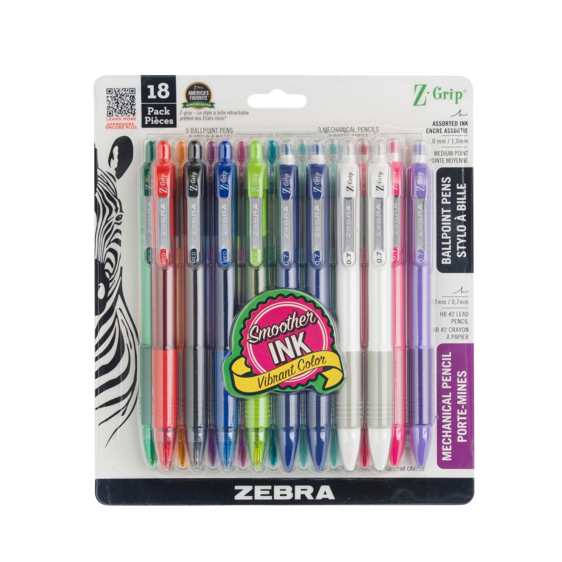 Zebra Pen Z-Grip Writing Set, Retractable Medium Point Ballpoint Pen and Mechanical Pencil, #2 HD Lead Pencils, Assorted Ink Colors, School Supplies, Ideal for Note-Taking, 18-Pack (23618)
