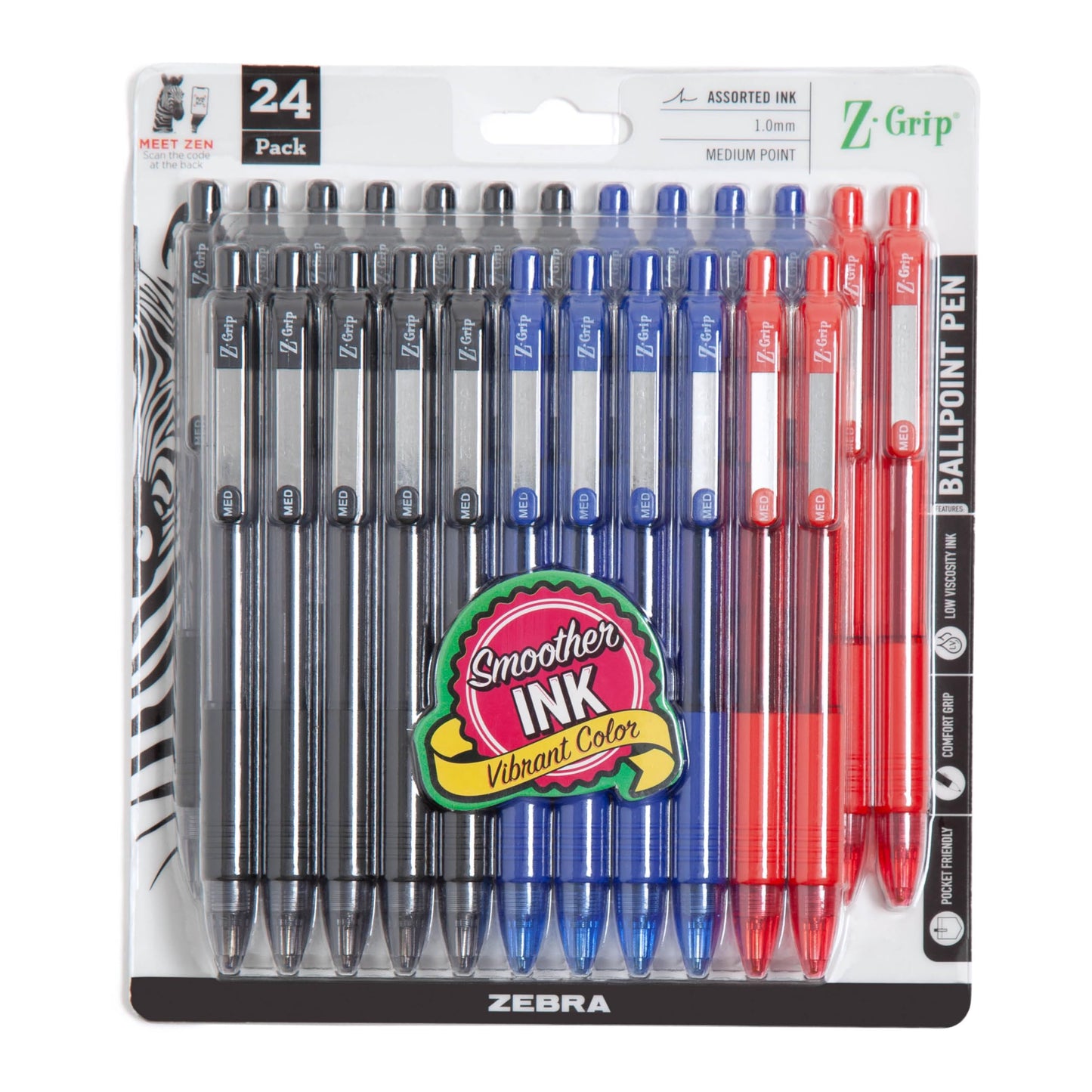 Zebra Pen Z-Grip Retractable Ballpoint Pen, 1.0mm Medium Point, Assorted Business Colors, School &amp;amp; Office Supplies, Ideal for Note-Taking, Journal and Planner Use, 24-Pack (12224)