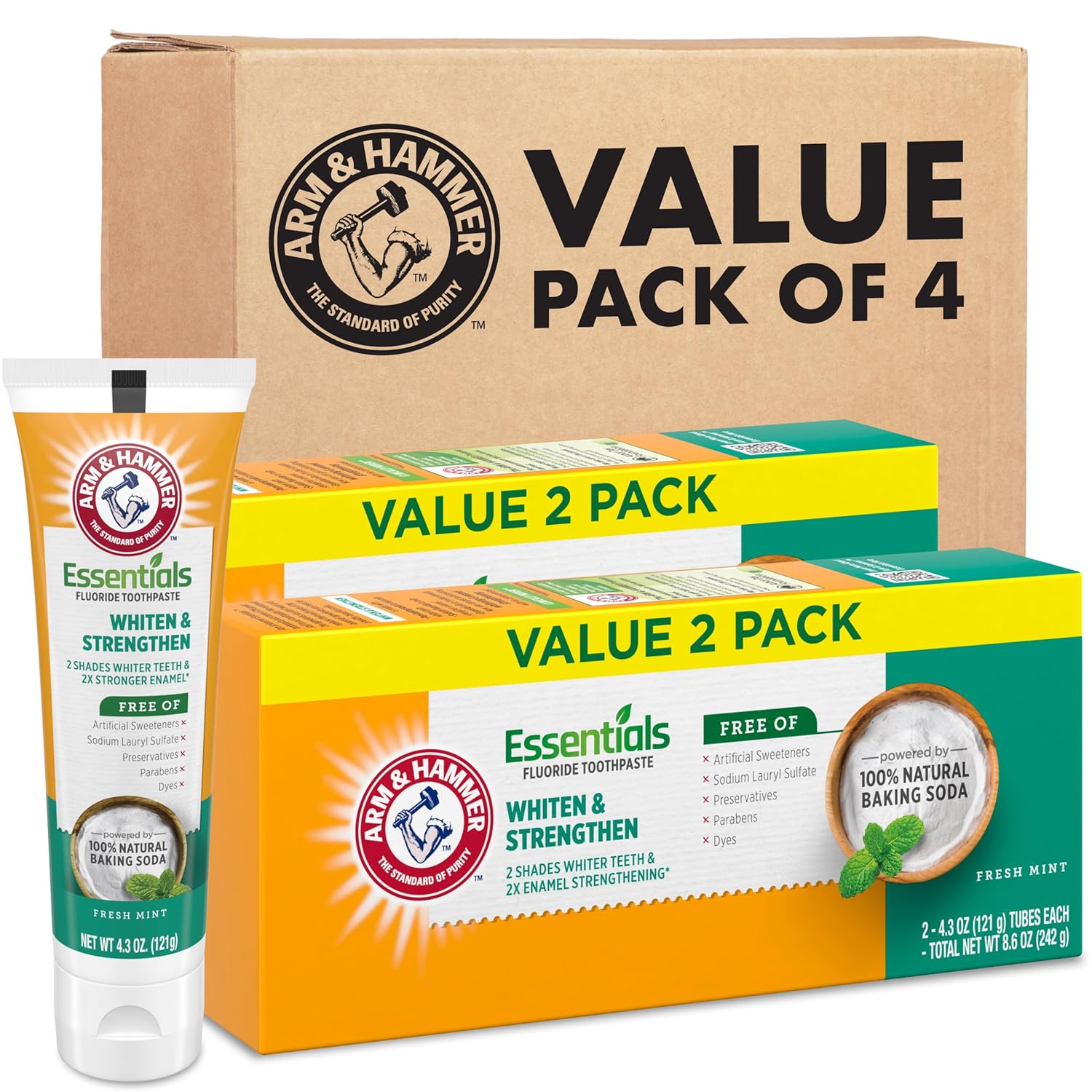 ARM_&_HAMMER_Essentials_Whiten_&_Strengthen_Fluoride_Toothpaste-4_Pack_of_4.3oz_Tubes,_Fresh_Mint-_100%_Natural_Baking_Soda-_Fluoride_Toothpaste