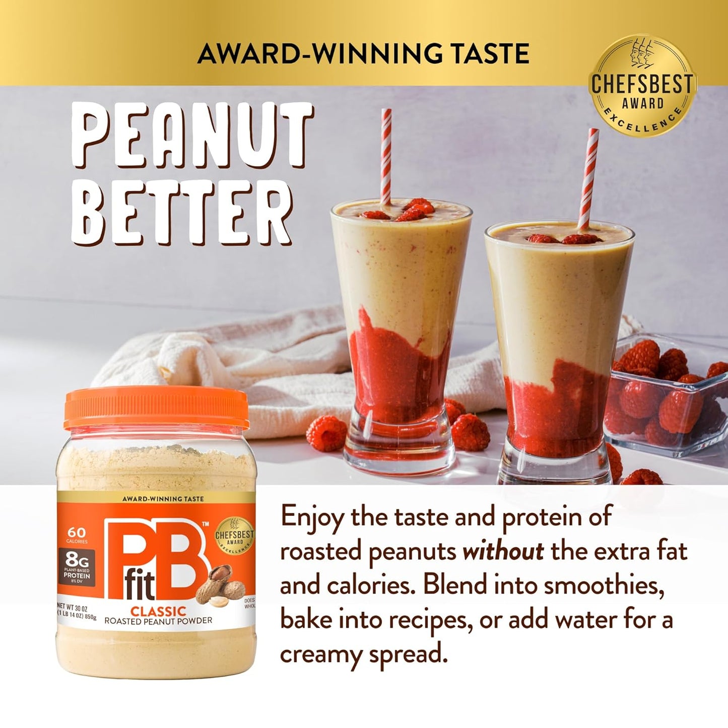 PBfit_30_Ounce_Classic_Peanut_Butter_Powder,_Powdered_Peanut_Butter_Spread_From_Real_Roasted_Peanuts,_8g_of_Protein_8%_DV,_Gluten-Free,_60_calories,_87%_less_fat_(Pack_of_1)