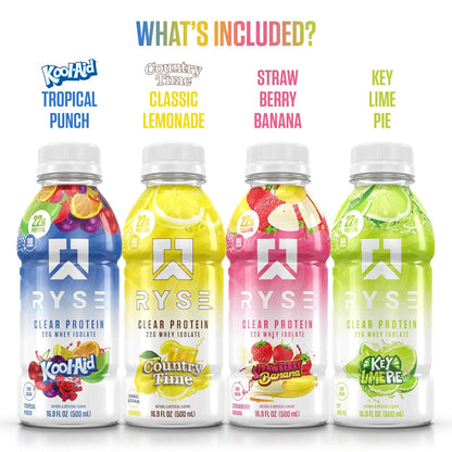 RYSE_Clear_Protein_Drink_-_Variety_Pack_-_100_Calories,_22g_Whey_Isolate_Protein_Shake,_Sugar-Free,_0g_Fat_&_Lactose-Free_-_Refreshing_Ready-to-Drink_Beverage_-_16.9_fl_oz_Bottles_(12-Pack)