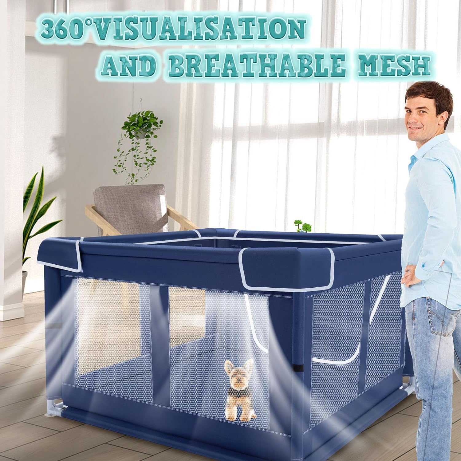 XVISHX_42x42_Inches_Puppy_Playpen_with_Gate,_Dog_Playpen_for_Puppies_or_Small_Dogs,_DogFence_Pet_Playpen_for_Indoor_&_Outdoor,_Sturdy_Safety_DogPen_with_Thickened_Fabric,_High-Strength_Nylon_Wire_Mesh