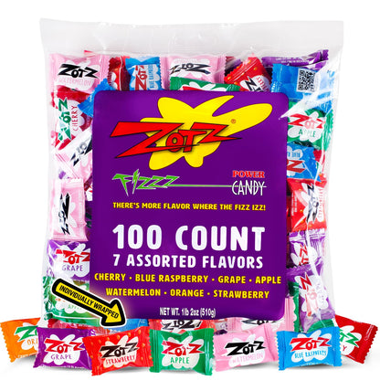 Zotz Fizzy Bulk Candy (Assorted, 100 Units)- Hard Candy Individually Wrapped- Assorted 7 Fruit Flavors, Cherry, Watermelon, Strawberry, Blue Raspberry, Apple, Orange &amp;amp; Grape- From Italy Since 1970