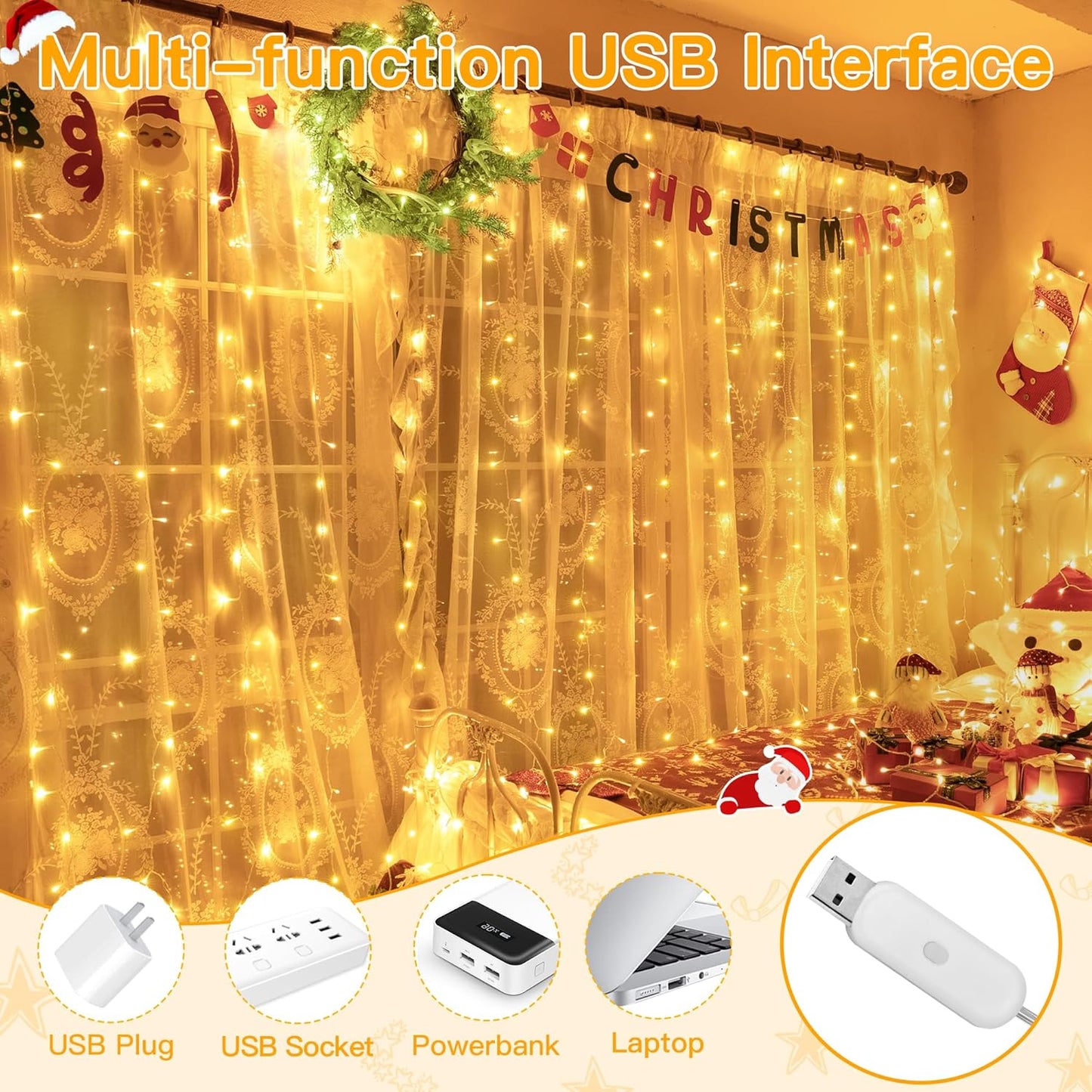 Ollny_Curtain_Lights_6.6x6.6ft,_200_LED_String_Lights_with_Remote_8_Modes_Dimmable_Timer,_USB_Power_Fairy_Light_for_Bedroom_Backdrop_Indoor_Wall_Window_Christmas_Decorations,_Warm_White