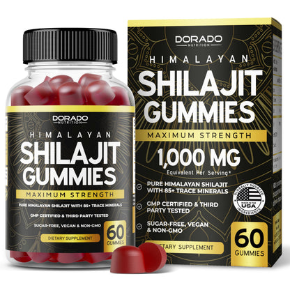Shilajit Gummies For Men &amp;amp; Women 1000mg (High Potency Gold Grade with 85+ Trace Minerals with Fulvic Acid) - Energy &amp;amp; Immunity Support - Third Party Tested, Non GMO, Vegan &amp;amp; Made in USA - (60 Gummies)