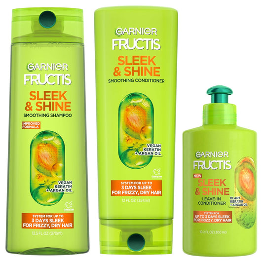 Garnier_Fructis_Sleek_&_Shine_Shampoo,_Conditioner_+_Leave-In_Conditioer_Set_for_Frizzy,_Dry_Hair,_Plant_Keratin_+_Argan_Oil_(3_Items),_1_Kit_(Packaging_May_Vary)