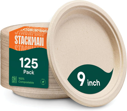 100%_Compostable_Paper_Plates,_Heavy_Duty_Disposable_Plates_[125-Pack]_9_Inch_Plates_-_Eco-Friendly,_Biodegradable_Sugarcane_Bagasse,_Natural_Unbleached_Brown_9"_Dinner_Paper_Plate_Disposable