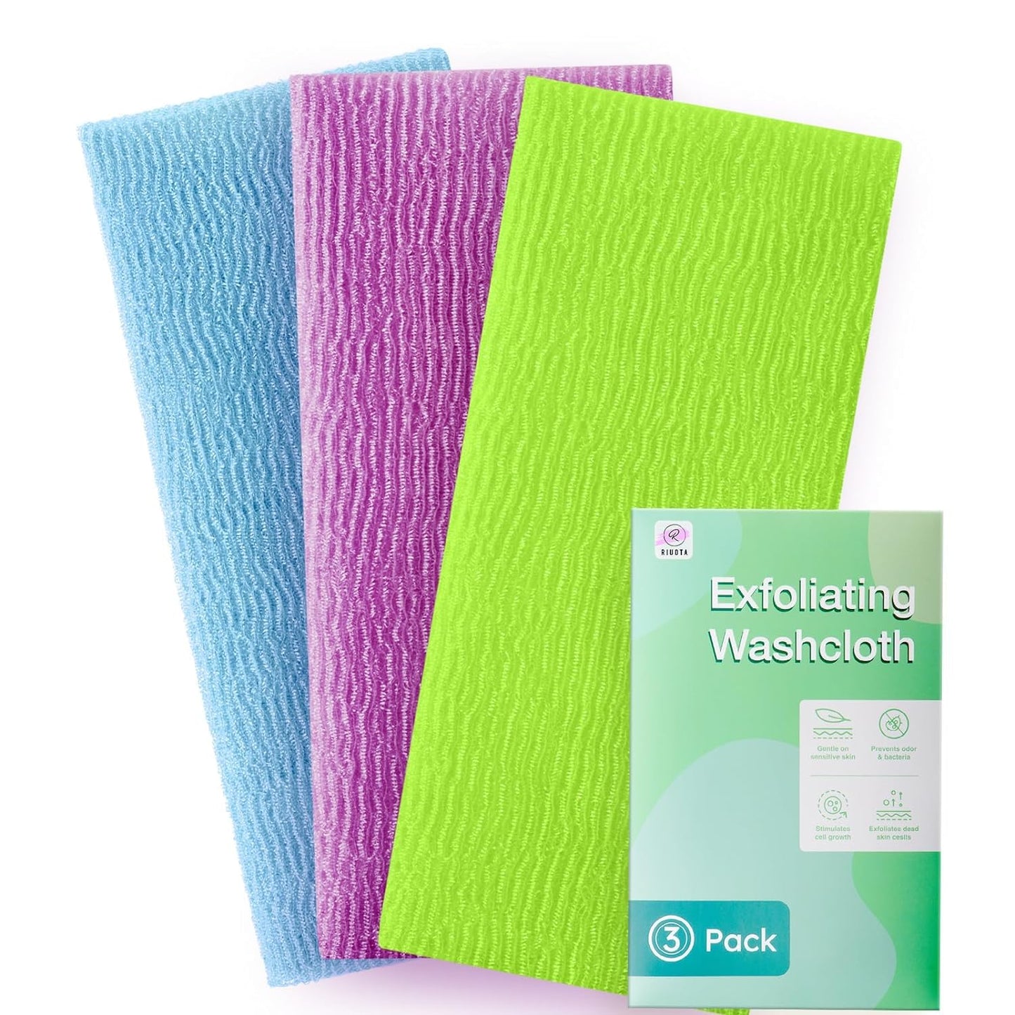 RIUOTA 3 Pieces Exfoliating Washcloth Shower Towel African Net Sponge Japanese Wash Cloth Face Exfoliating Sponge Loofah Exfoliating Body Scrubber for Body Exfoliation (Purple,Blue,Green)