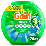 Gain Flings Liquid Washing Detergent Pacs, Now with Odor Defense + Color Guard, Waterfall Delight Scent, 4-In-1 Liquid Laundry Detergent Pods, Clean & Fresh