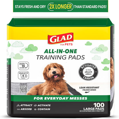 Glad_for_Pets_Black_Charcoal_Puppy_Pads_-_6-Layer_Leak-Proof_Construction,_Activated_Carbon_Odor_Control,_Pheromone_Attractant_-_Disposable_Dog_Pee_Pads_for_Potty_Training,_23_x_23_in,_100_Count