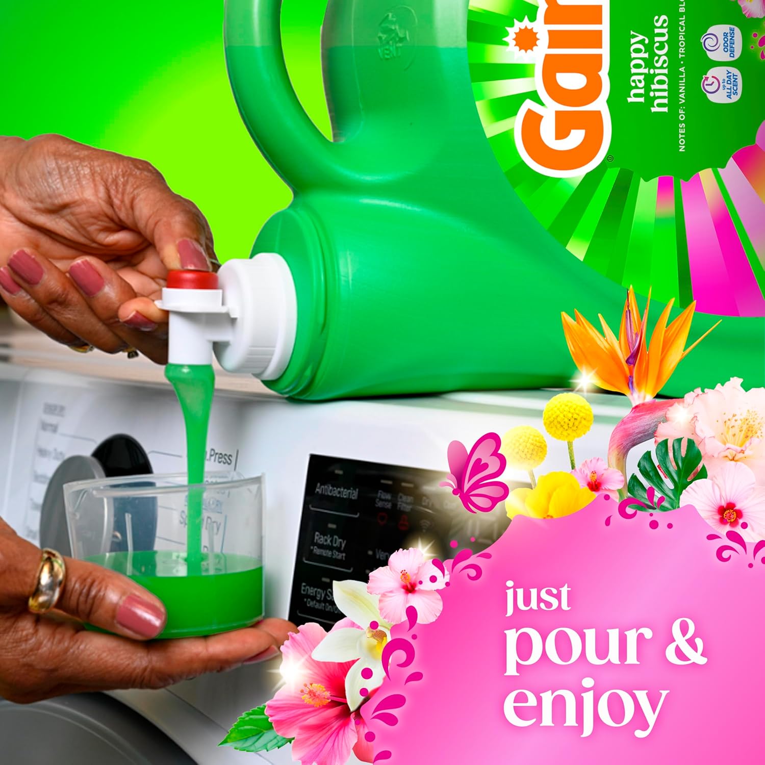 Gain_Liquid_Laundry_Detergent,_With_Odor_Defense,_Happy_Hibiscus_Scent,_Laundry_Soap_For_HE_Washing_Machines,_132_fl_oz,_100_Loads_(Packaging_May_Vary)