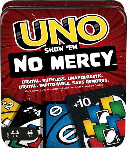 Mattel Games UNO Show ‘em No Mercy Card Game in Storage &amp;amp; Travel Tin for Kids, Adults &amp;amp; Family Night with Extra Cards, Special Rules &amp;amp; Tougher Penalties (Amazon Exclusive)