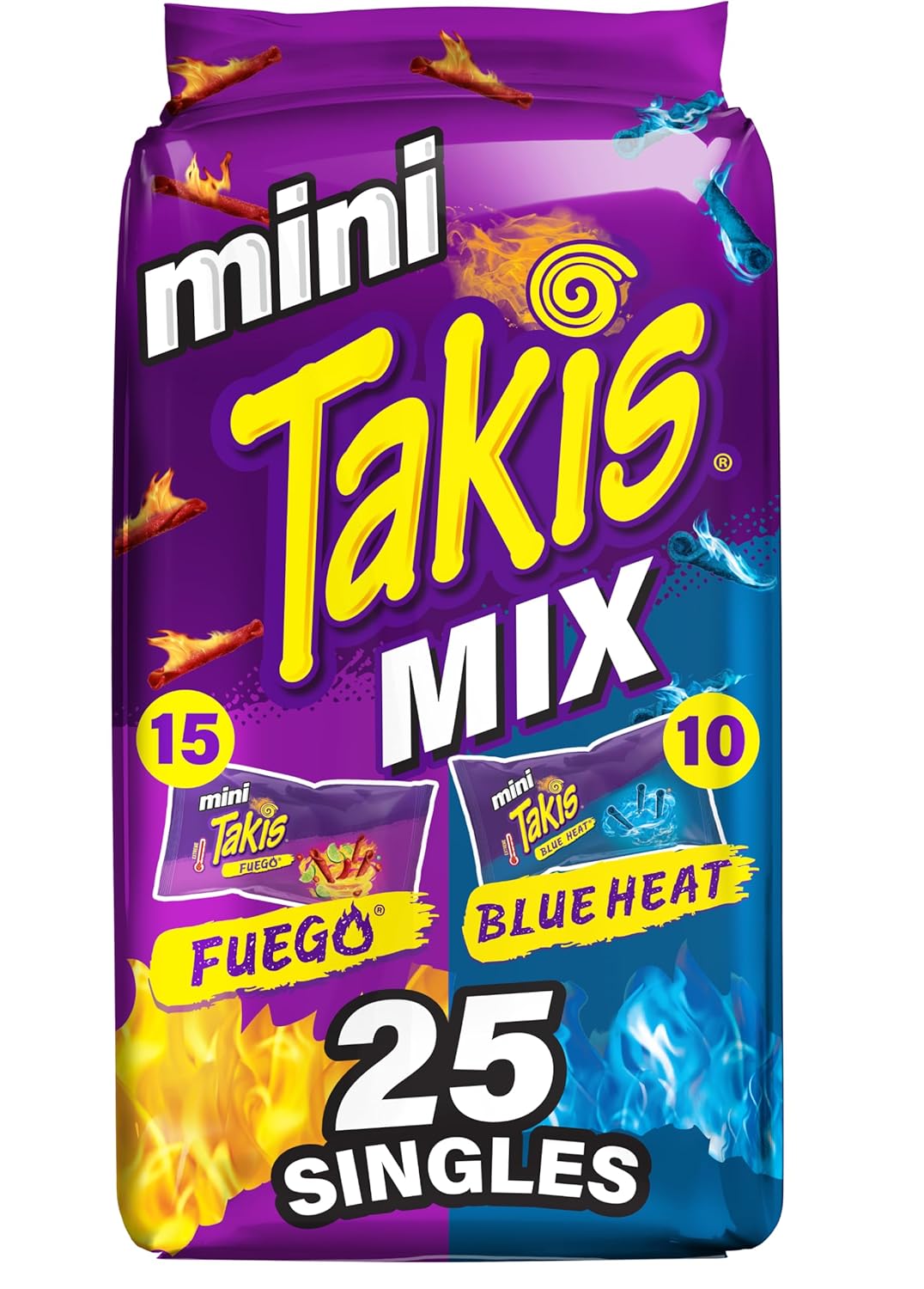 Takis_Mini_25_pc_/_1.23_oz_Bite_Size_Variety_Pack,_Assorted_Flavored_Mixed_Rolled_Tortilla_Chips_–_(15)_Fuego,_(10)_Blue_Heat