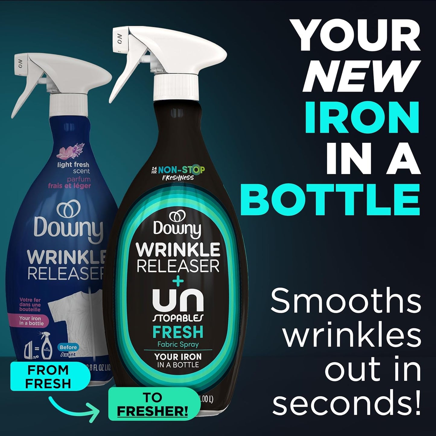 Downy_Wrinkle_Releaser_Spray,_All_In_One_Wrinkle_Release_Spray,_Odor_Eliminator,_Static_Remover,_Fabric_Refresher_&_Ironing_Aid_for_Clothes,_33.8_Fl_Oz_(Pack_of_2),_Unstopables_Fresh_Scent