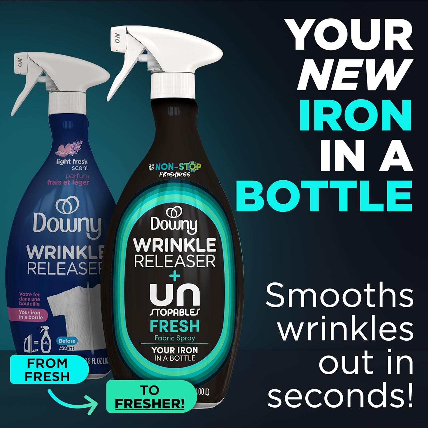 Downy_Wrinkle_Releaser_Spray,_All_In_One_Wrinkle_Release_Spray,_Odor_Eliminator,_Static_Remover,_Fabric_Refresher_&_Ironing_Aid_for_Clothes,_33.8_Fl_Oz_(Pack_of_2),_Unstopables_Fresh_Scent