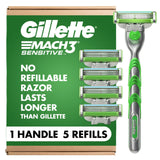 Gillette Mach3 Sensitive Shaving Razor for Men, 1 Handle and 5 Blade Refills, for Sensitive Skin