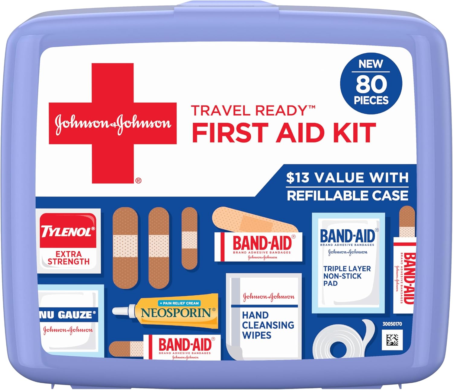 BAND-AID_Brand_Travel_Ready_Portable_Emergency_First_Aid_Kit,_Minor_Wound_Care,_Perfect_for_Home,_Car,_Camping,_Travel_&_Outdoor_Essentials,_Supplies_Include_Bandages,_Neosporin_&_Tylenol,_80_Piece