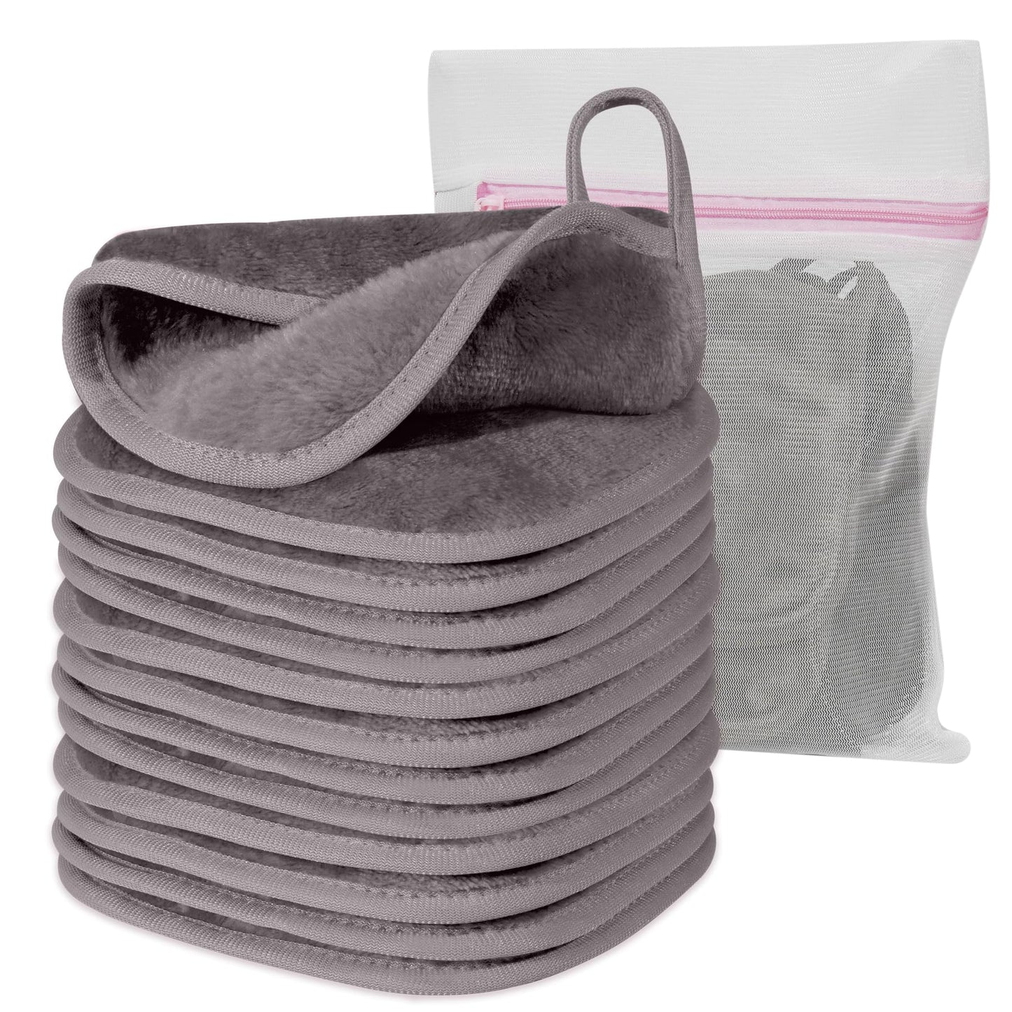 Natwag Makeup Remover Cloth, 6&amp;#34; x 6&amp;#34; Make Up Towels Reusable Face Cloth for Washing Face, Makeup Remover Pads Microfiber Face Washcloth with Mesh Bag, Just Water, 12 Pack, Cool Grey