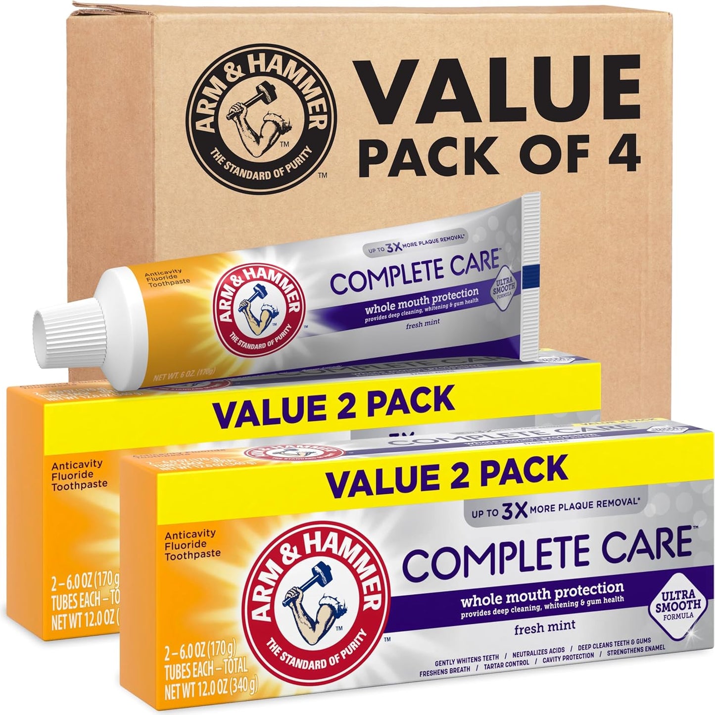 ARM_&_Hammer_Complete_Care_Toothpaste,_Teeth_Whitening_Toothpaste_with_Baking_Soda,_Fluoride,_Whole_Mouth_Protection,_Fresh_Mint_Flavor,_6.0_oz_(Pack_of_4)