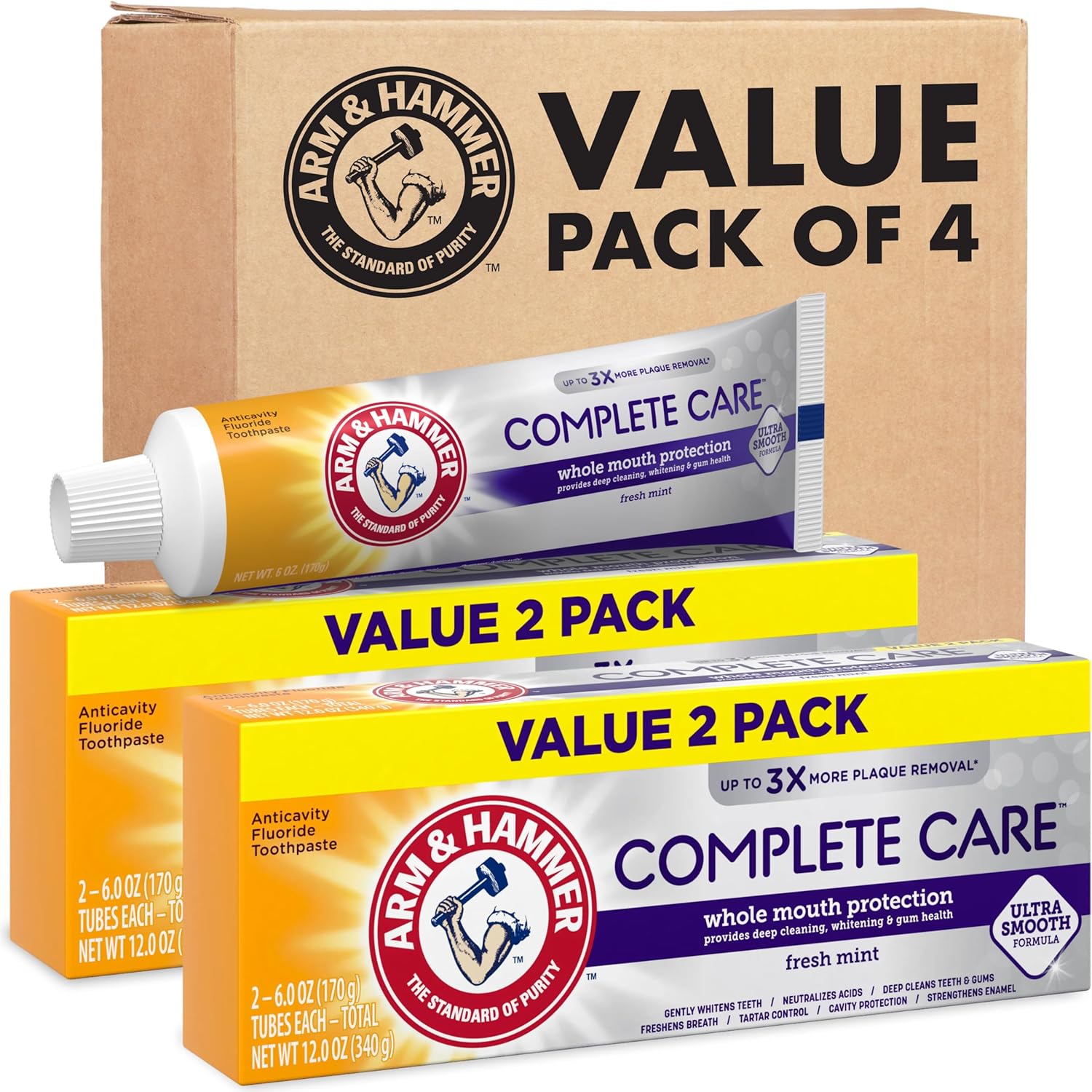 ARM_&_Hammer_Complete_Care_Toothpaste,_Teeth_Whitening_Toothpaste_with_Baking_Soda,_Fluoride,_Whole_Mouth_Protection,_Fresh_Mint_Flavor,_6.0_oz_(Pack_of_4)