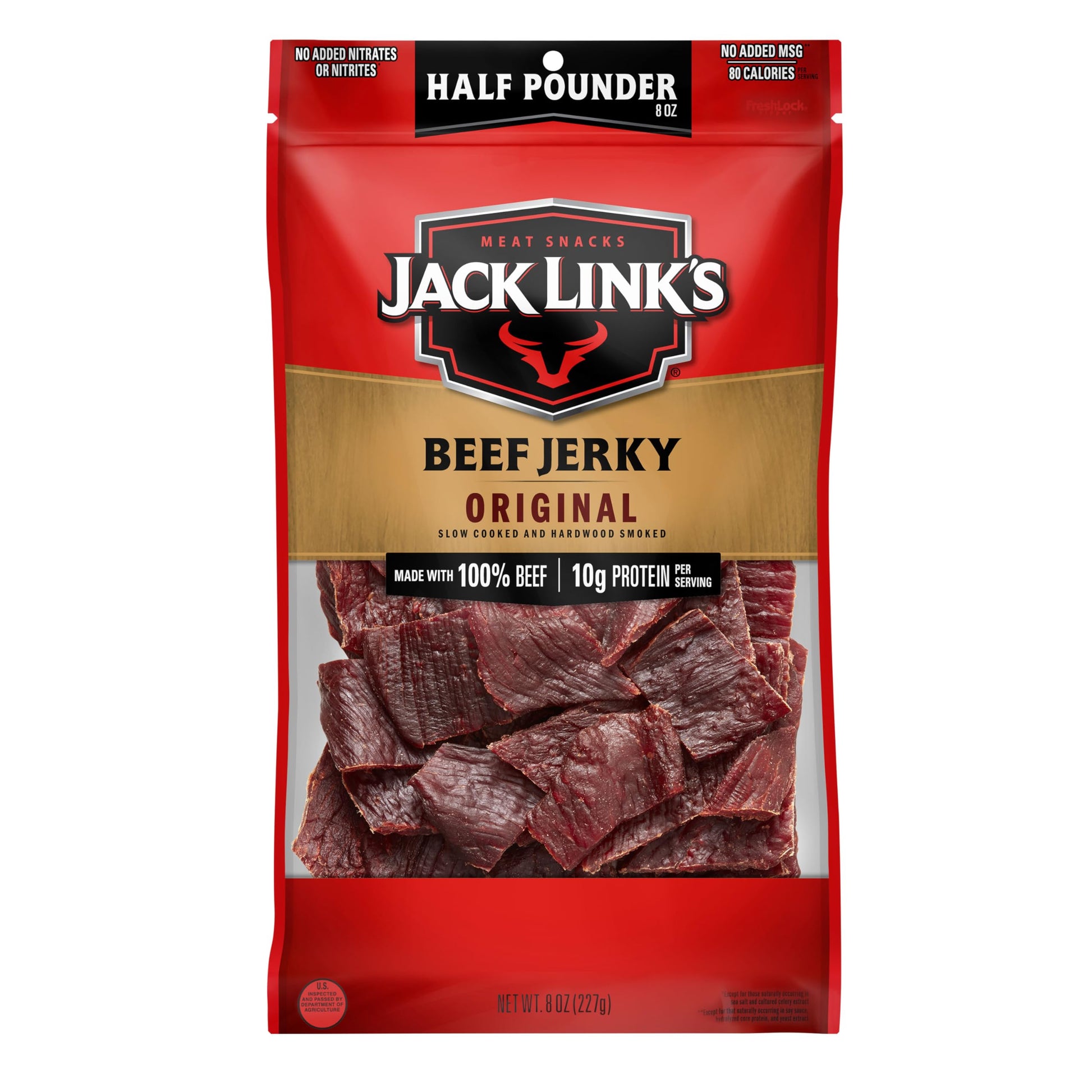 Jack Link&amp;#39;s Beef Jerky Half Pounder - Original - Made with 100% Real Beef - Ready to Eat Real Meat Protein Snacks - 10g Protein per Serving - 8 oz Large Jerky Bag