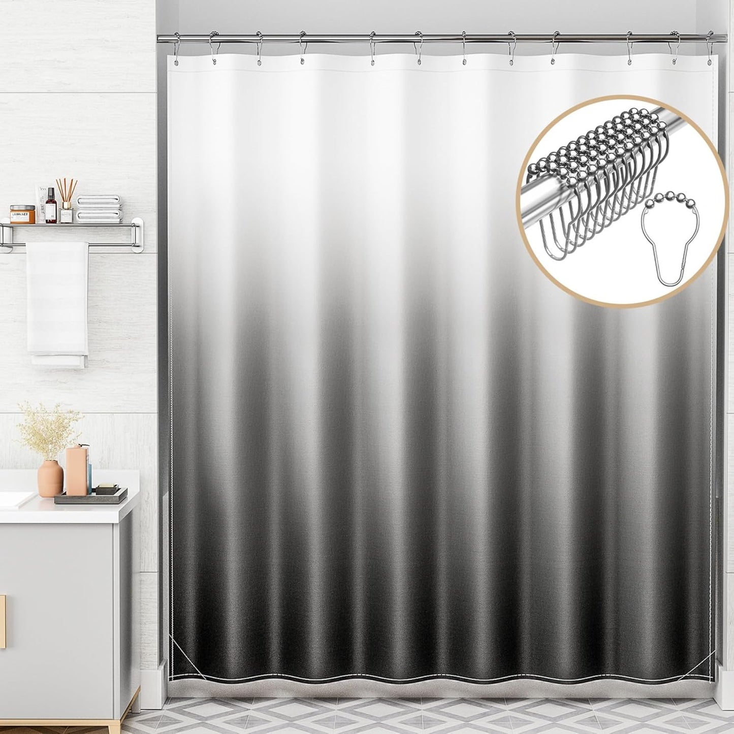 AmazerBath_Shower_Curtain,_Cloth_Ombre_Black_Shower_Curtain_Set_with_12_Hooks,_Washable_Fabric_Black_and_White_Shower_Curtain,_Rustic_Farmhouse_Bathroom_Shower_Curtain,_72x72_Inches
