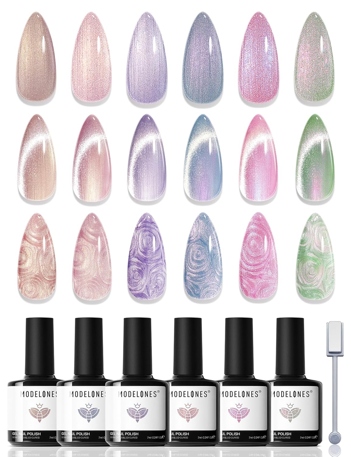 modelones_Cat_Eye_Gel_Nail_Polish,_6_Colors_Shimmer_Pearl_Magnetic_Nail_Drawing_Set_with_Magnet,_Iridescent_Mermaid_Swirl_Shell_Thread_Purple_Pink_Blue_Glitter,_DIY_Manicure_Gift_for_Women_Girl