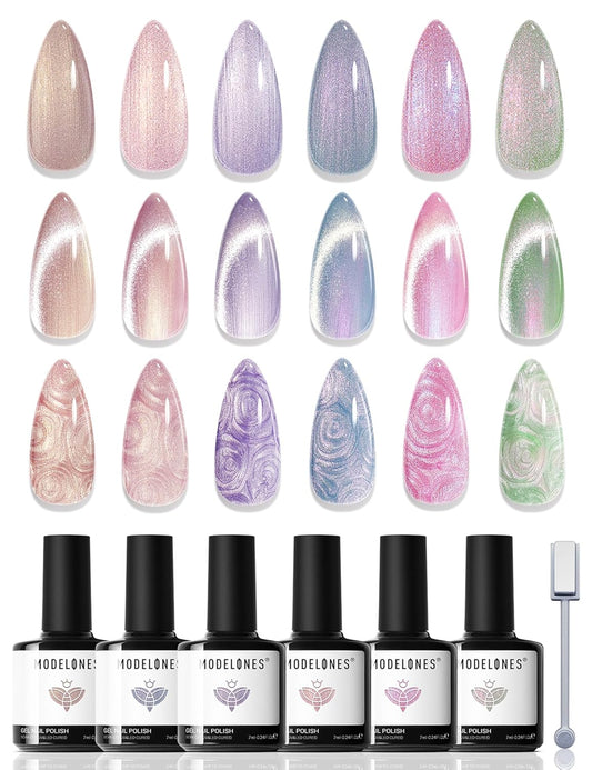 modelones_Cat_Eye_Gel_Nail_Polish,_6_Colors_Shimmer_Pearl_Magnetic_Nail_Drawing_Set_with_Magnet,_Iridescent_Mermaid_Swirl_Shell_Thread_Purple_Pink_Blue_Glitter,_DIY_Manicure_Gift_for_Women_Girl