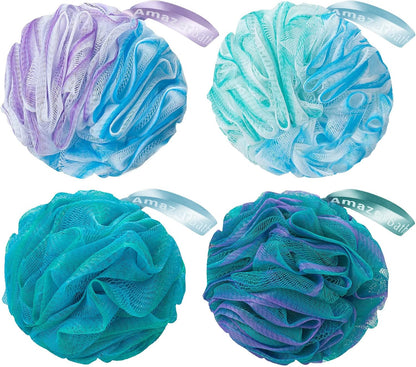 AmazerBath_Loofah_Sponge_60g/Piece,_Exfoliating_Bath_Sponge_Body_Scrubber_-_Loofa_Set_of_4_Flower_Color_(Green-Purple)